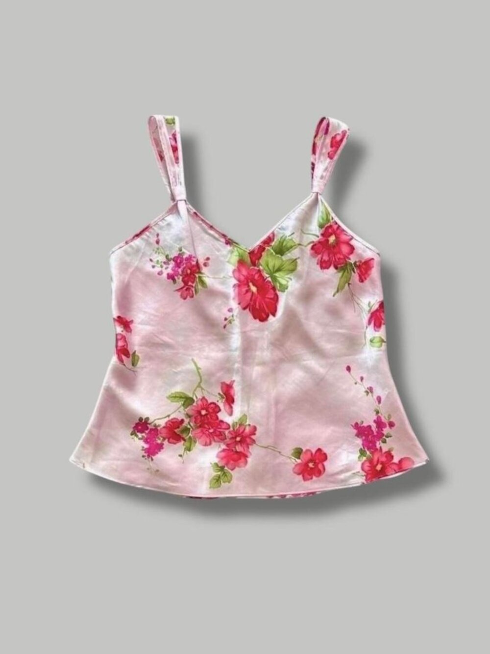 LAI Design Vintage 90s Y2K Pastel Pink Satin Tropical Red Floral Cami Tank Top L